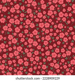 Vintage seamless floral pattern. A game-style background of small pastel-colored flowers. pink flowers scattered on a burgundy background. Stock vector for printing on surfaces and web design.