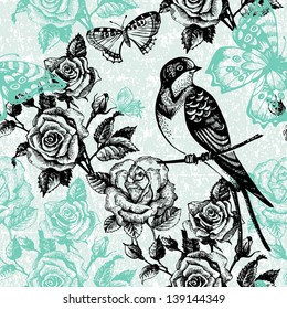 Vintage seamless floral pattern. Hand drawn illustration with bird and butterfly