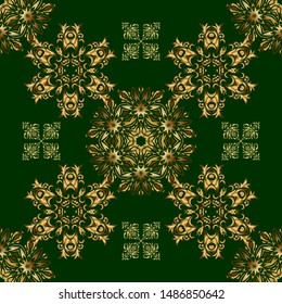 Vintage seamless floral pattern. Handmade vector golden elements on a green background. Decoration for fabric, textile, interior.
