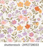 Vintage seamless floral pattern. Liberty style background of small mauve and lilac flowers. Small flowers scattered over a white background. Stock vector for printing on surfaces. Realistic flowers.