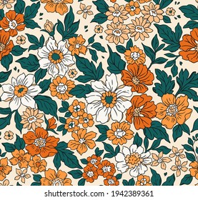 Vintage seamless floral pattern. Liberty style background of small golden orange flowers. Small flowers scattered over a white background. Stock vector for printing on surfaces. Realistic flowers.