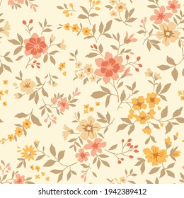 Vintage seamless floral pattern. Liberty style background of small pastel flowers. Small blooming flowers scattered over a white background. Stock vector for printing on surfaces and web design.