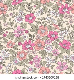 Vintage seamless floral pattern. Liberty style background of small coral pink flowers. Small flowers scattered over a ecru background. Stock vector for printing on surfaces. Realistic flowers.