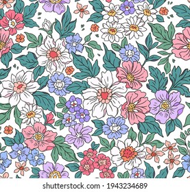 Vintage seamless floral pattern. Liberty style background of small pink and mauve flowers. Small flowers scattered over a white background. Stock vector for printing on surfaces. Realistic flowers.