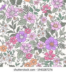 Vintage seamless floral pattern. Liberty style background of small mauve and lilac flowers. Small flowers scattered over a white background. Stock vector for printing on surfaces. Realistic flowers. 