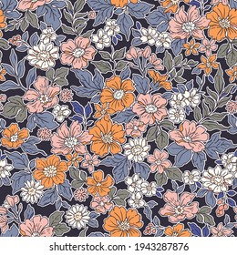 Vintage seamless floral pattern. Liberty style background of small coral pink flowers. Small flowers scattered over a violet background. Stock vector for printing on surfaces. Realistic flowers. 