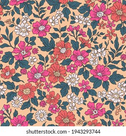 Vintage seamless floral pattern. Liberty style background of small coral pink flowers. Small flowers scattered over a beige background. Stock vector for printing on surfaces. Realistic plant flowers.