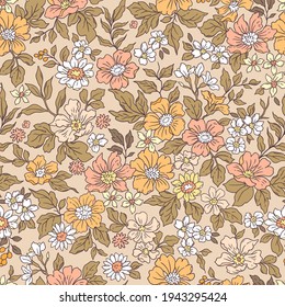 Vintage seamless floral pattern. Liberty style background of small coral pink flowers. Small flowers scattered over a beige background. Stock vector for printing on surfaces. Realistic flowers. 