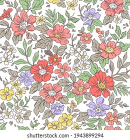 Vintage seamless floral pattern. Liberty style background of small colorful flowers. Small flowers scattered over a white background. Stock vector for printing on surfaces. Realistic flowers. 