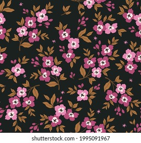 Vintage seamless floral pattern. Liberty style background of small lilac flowers. Small blooming flowers scattered over a black background. Stock vector for printing on surfaces and web design.