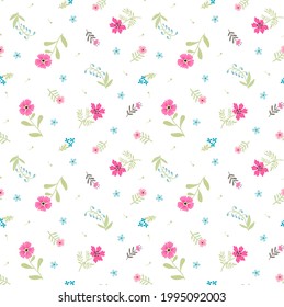 Vintage seamless floral pattern. Liberty style background of small pastel pink flowers. Small blooming flowers scattered over a white background. Stock vector for printing on surfaces and web design.