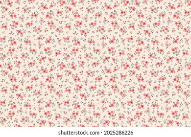 Vintage seamless floral pattern. Liberty style background of small red and pink flowers. Small blooming flowers scattered over a ivory  background. Stock vector for printing on surfaces and web design