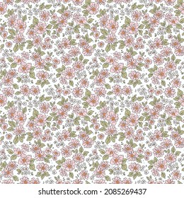 Vintage seamless floral pattern. Liberty style background of small pastel pink flowers. Small blooming flowers scattered over a white background. Stock vector for printing on surfaces and web design.