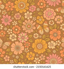 Vintage seamless floral pattern. Liberty style background of small pastel flowers. Small blooming flowers scattered over a beige background. Stock vector for printing on surfaces and web design.