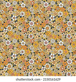 Vintage seamless floral pattern. Liberty style background of small yellow flowers. Small blooming flowers scattered over a yellow background. Stock vector. Trendy design for surface.
