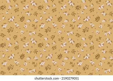 Vintage seamless floral pattern. Liberty style background of small white berries. Small twigs scattered over a gold mustard background. Stock vector for printing on surfaces. Abstract flowers.