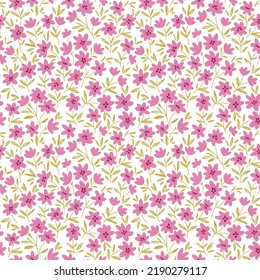 Vintage seamless floral pattern. Liberty style background of small pastel pink flowers. Small flowers scattered over a white background. Stock vector for printing on surfaces. Abstract flowers.