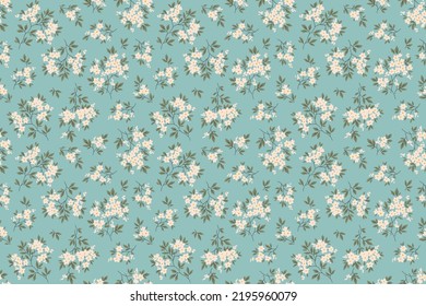 Vintage seamless floral pattern. Liberty style background of small white flowers. Small flowers scattered over a blue gray background. Stock vector for printing on surfaces. Abstract flowers.