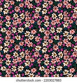 Vintage seamless floral pattern. Liberty style background of small pink and white flowers. Small flowers scattered over a black background. Stock vector for printing on surfaces. Abstract flowers.