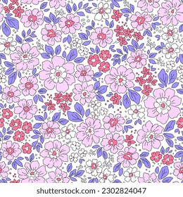 Vintage seamless floral pattern. Liberty style background of small delicate flowers. Small pink flowers and lilac leaves scattered over a white background. Stock vector for printing on surfaces.