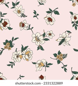 Vintage seamless floral pattern. Liberty style background of small pastel  flowers. Stock vector for printing on surfaces. Abstract flowers.