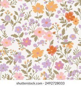 Vintage seamless floral pattern. Liberty style background of small mauve and lilac flowers. Small flowers scattered over a white background. Stock vector for printing on surfaces. Realistic flowers.