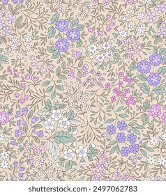 Vintage seamless floral pattern. Liberty style background of small lilac and white flowers. Small flowers scattered over a beige background. Stock vector for printing on surfaces. Art line flowers. 