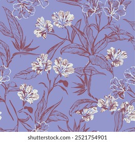 Vintage seamless floral pattern. Liberty style background of small golden orange flowers. Small flowers scattered over a white background. Stock vector for printing on surfaces. Realistic flowers.