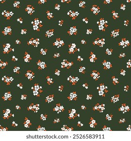 Patrón floral inconsútil de Antiguas. Fondo estilo libertad de Pequeñas flores blancas y hojas de color naranja. Pequeñas flores esparcidas sobre un fondo blanco. Vector común para imprimir en superficies. Abstractas