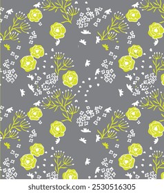 Vintage seamless floral pattern. Liberty style background of small golden orange flowers. Small flowers scattered over a white background. Stock vector for printing on surfaces. Realistic flowers.