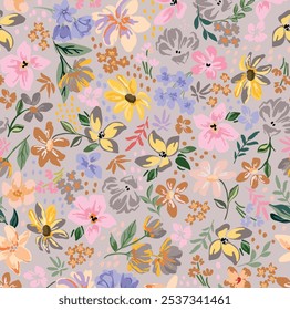 Vintage seamless floral pattern. Liberty style background of small mauve and lilac flowers. Small flowers scattered over a white background. Stock vector for printing on surfaces. Realistic flowers.