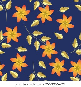 Padrão floral sem emenda vintage. Fundo estilo liberdade de pequenas flores laranja douradas. Pequenas flores espalhadas sobre um fundo branco. Vetor de estoque para impressão em superfícies. Flores realistas.