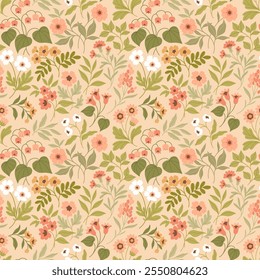 Patrón floral inconsútil de Antiguas. Fondo de estilo de la libertad de Pequeñas flores pastel. Pequeñas flores en flor esparcidas sobre un fondo de melocotón claro. Vector común para imprimir en superficies y Diseño web.