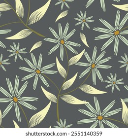 Vintage nahtlose Blumenmuster. Liberty Stil Hintergrund von kleinen goldenen orangefarbenen Blumen. Kleine Blumen auf weißem Hintergrund. Stock-Vektor zum Bedrucken von Oberflächen. Realistische Blumen.