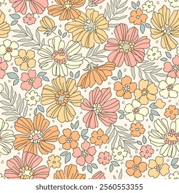 Vintage seamless floral pattern. Liberty style background of small flowers. Small blooming yellow daisy flowers scattered over a white background. Stock vector for printing on surfaces and web design.