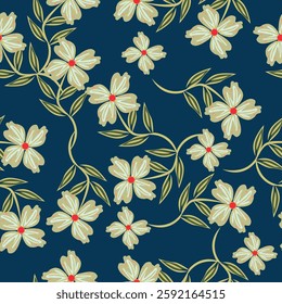 Vintage seamless floral pattern. Liberty style background of small coral pink flowers. Small flowers scattered over a beige background. Stock vector for printing on surfaces. Realistic plant flowers.