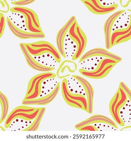 Vintage seamless floral pattern. Liberty style background of small coral pink flowers. Small flowers scattered over a beige background. Stock vector for printing on surfaces. Realistic plant flowers.