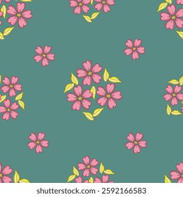 Vintage seamless floral pattern. Liberty style background of small coral pink flowers. Small flowers scattered over a beige background. Stock vector for printing on surfaces. Realistic plant flowers.