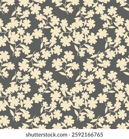 Vintage seamless floral pattern. Liberty style background of small coral pink flowers. Small flowers scattered over a beige background. Stock vector for printing on surfaces. Realistic plant flowers.