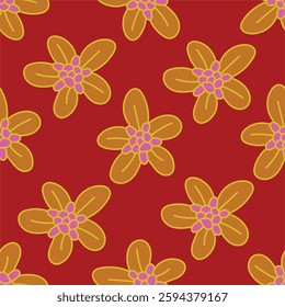 Vintage seamless floral pattern. Liberty style background of small coral pink flowers. Small flowers scattered over a beige background. Stock vector for printing on surfaces. Realistic plant flowers.