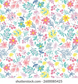 Vintage seamless floral pattern. Liberty style background of small pastel colorful flowers. Small flowers scattered over a white background. Stock vector for printing on surfaces. Abstract flowers.

