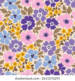 Vintage seamless floral pattern. Liberty style background of small pastel colorful flowers. Small flowers scattered over a white background. Stock vector printing for surfaces. Abstract flowers. 