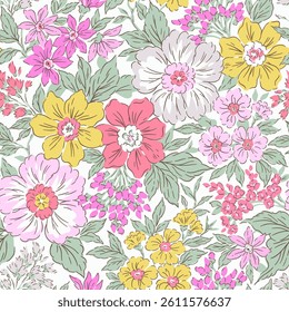 Vintage seamless floral pattern. Liberty style background of small pastel colorful flowers. Small flowers scattered over a white background. Stock vector for printing on surfaces. Easter flowers.