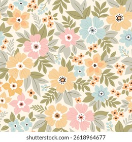 Vintage seamless floral pattern. Liberty style background of small pastel colorful flowers. Small flowers scattered over a white background. Stock vector for printing on surfaces. Easter flowers.