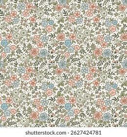 Vintage seamless floral pattern. Liberty style background of small pastel colorful flowers. Small flowers scattered over a white background. Stock vector for printing on surfaces. Ditsy flowers.