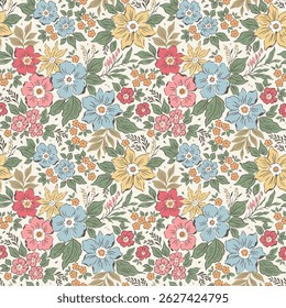 Vintage seamless floral pattern. Liberty style background of small pale colorful flowers. Small flowers scattered over white background. Stock vector for printing on surfaces. Realistic cute flowers