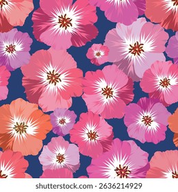 Vintage seamless floral pattern. Liberty style background of small pastel colorful flowers. Small flowers scattered over a blue background. Stock vector for printing on surfaces. Realistic flowers.