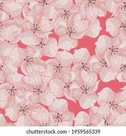 Vintage seamless floral pattern with pale orchid flowers. Pink background. Scrapbook botanic backdrop. Graphic design for wrapping paper and fabric textures. Vector Illustration.