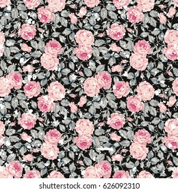  Vintage seamless floral pattern with pink roses and leaves on black background