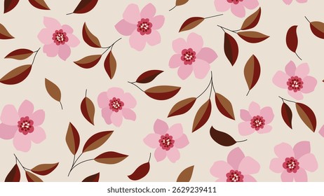 Repetición de patrón floral sin costuras de Antiguas. flor rosa floreciente y diseño de hojas marrones perfecto para textiles, Fondo de pantalla
